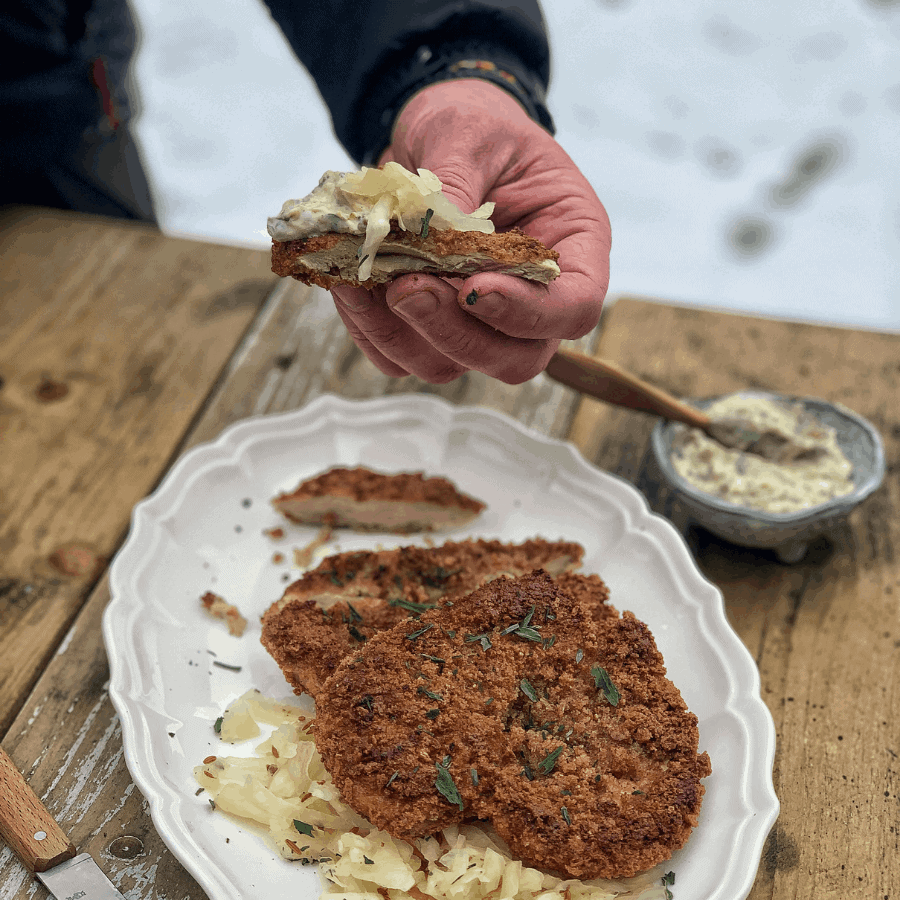 pheasant, schnitzel, family, wild game, feast over fire